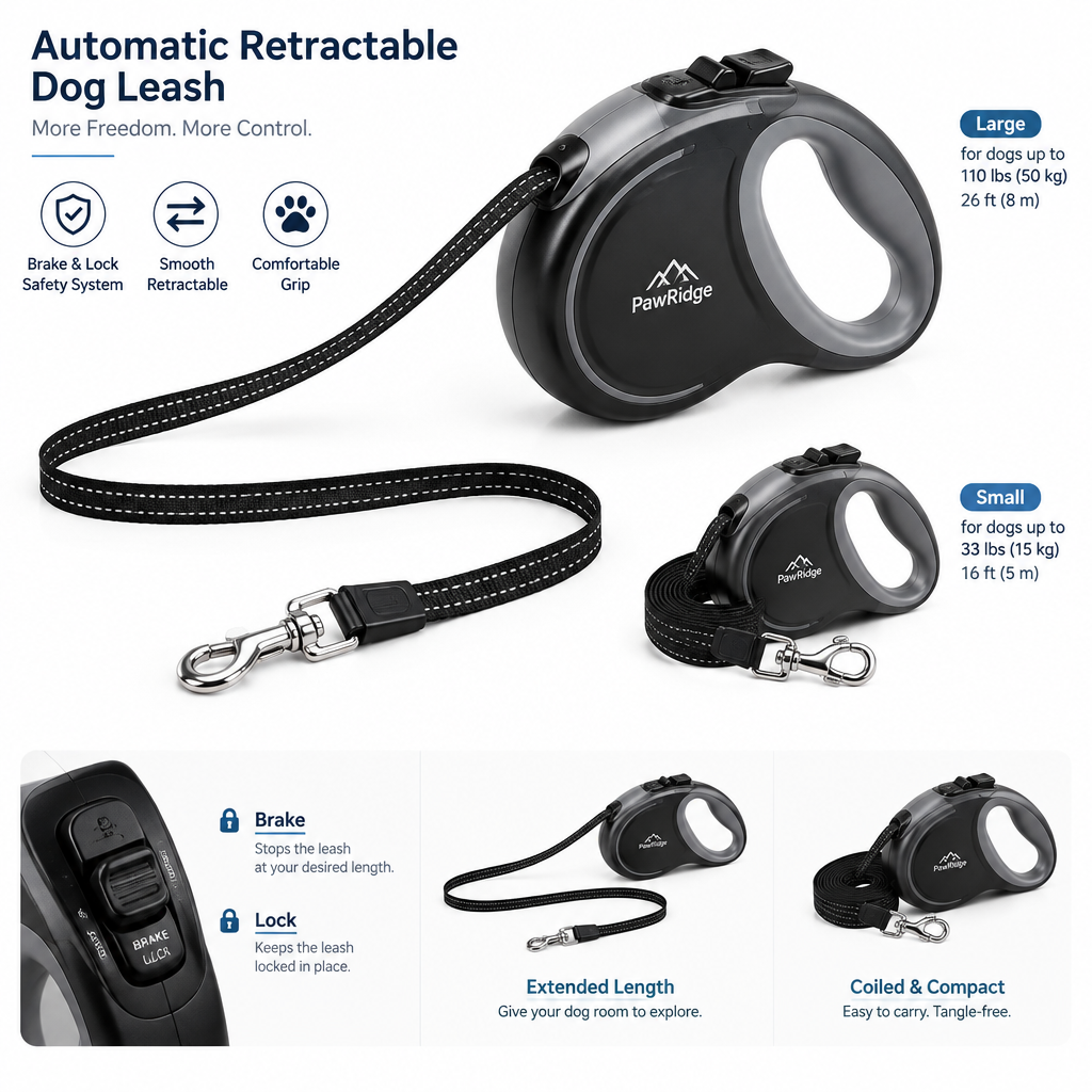 Automatic Retractable Dog Leash - Dual Size Options with Brake & Lock Safety System