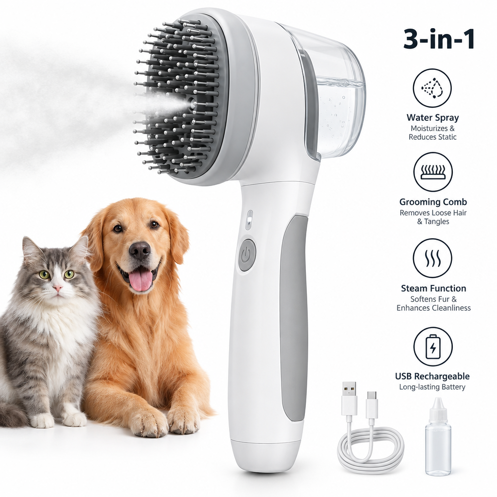 Electric Cat Steam Brush – 3-In-1 Pet Grooming Comb with Water Spray for Cats and Dogs, USB Rechargeable